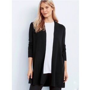 Eileen Fisher Italian Yarn 100% Wool Long Open Cardigan Knit Sweater Black Small